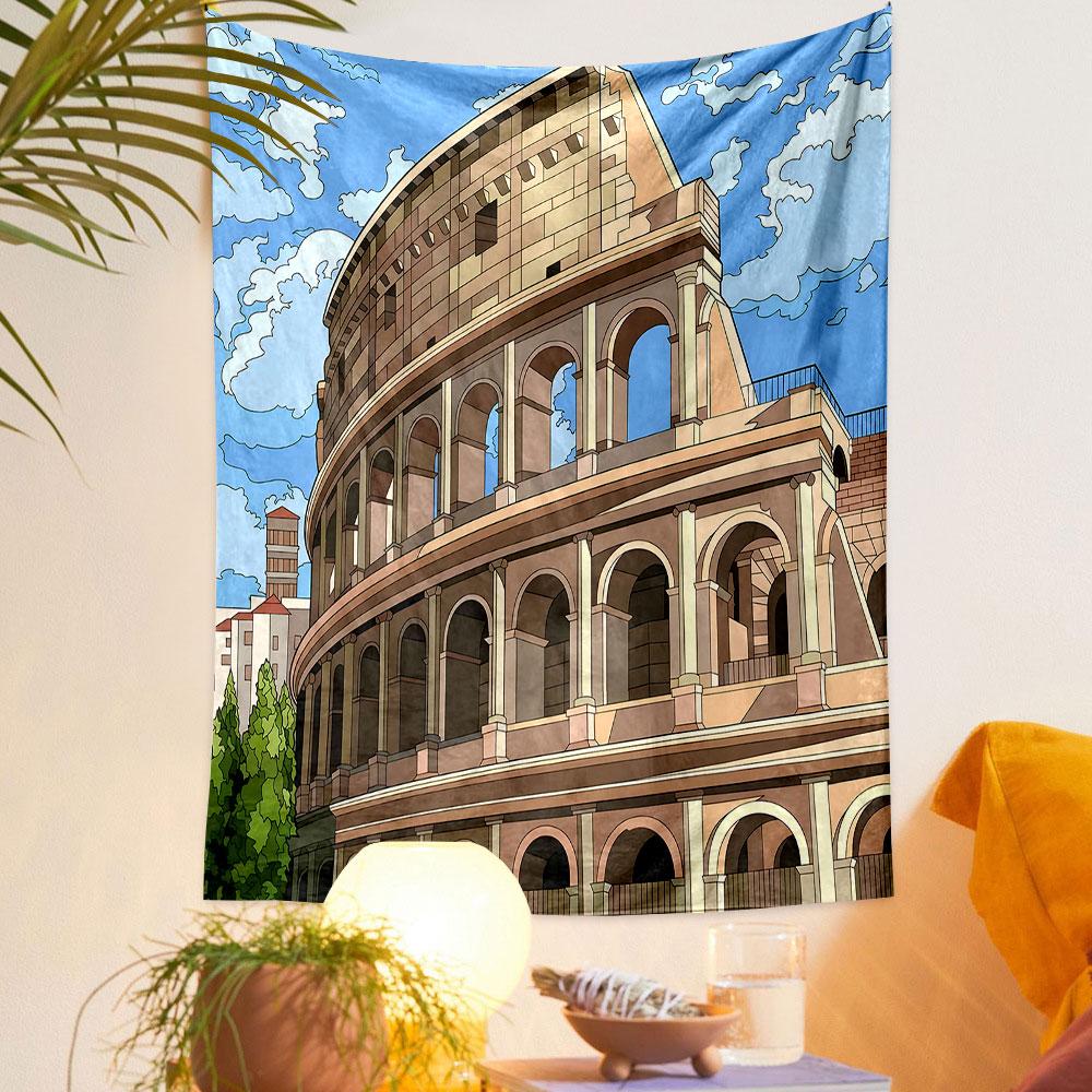 Roman Colosseum Cartoon Illustration Patterned Tapestry Decorative Wall Hanging, Home Bedroom Living Room Decor