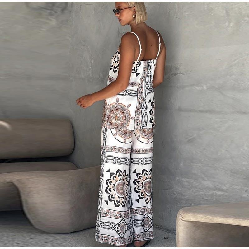 Vintage Print Strap Vest Pants Set Women Sleeveless Backless Tube Top Wide Leg Loose Trousers Female 2025 Fashion Holiday Suit