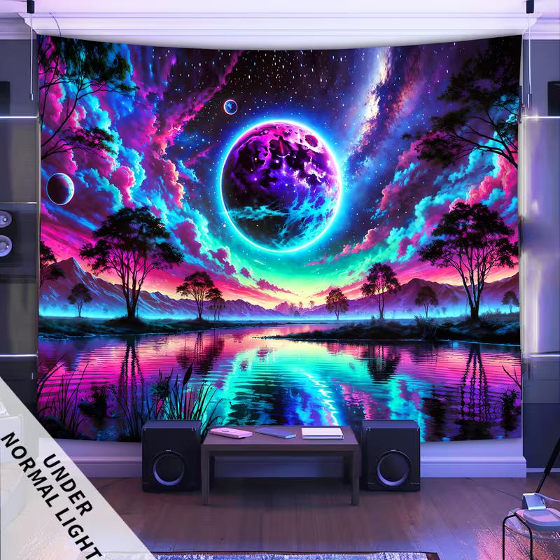 2D Glow in The Dark Moon Lake Tapestry, Blacklight Starry Landscape Wall Hanging for Home Decoration