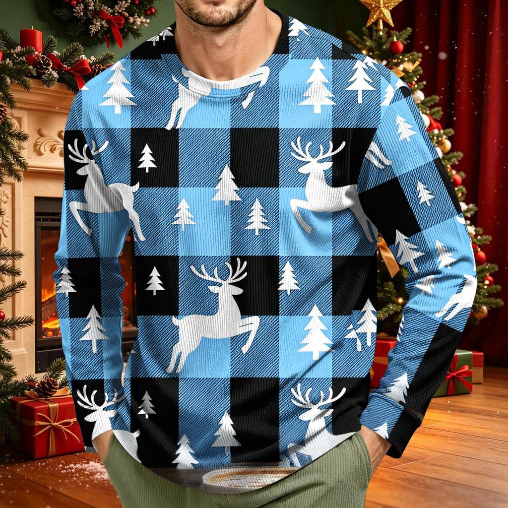 Men's Corduroy Long Sleeve Neck Shirt with Christmas Print for Holiday Casual Wear
