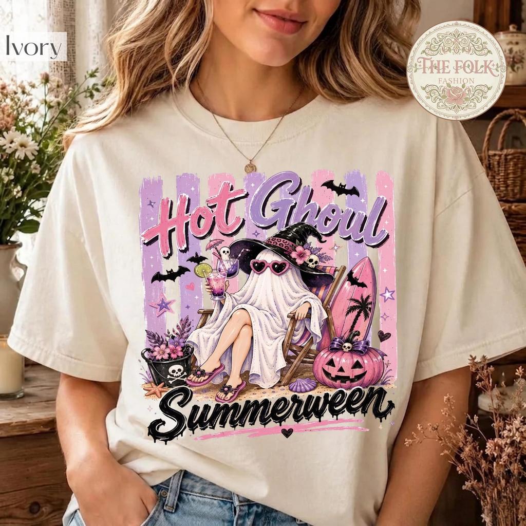 Hot Ghoul Summer Shirt, Summerween T-shirt, Spooky Summer Tee, Beach Halloween Shirt, Cute Ghost T-shirt, Retro Halloween Shirt