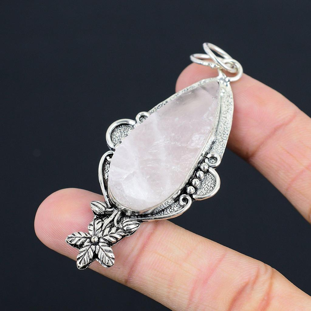 Natural Rose Quartz Rough Gemstone Pendant Flower 925 Sterling Silver For Women