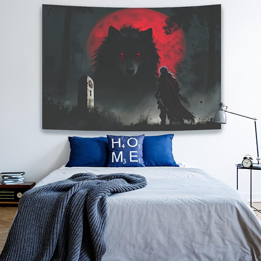 1pc Glam Style Polyester Wall Tapestry, Red-Eyed Long-Haired Black Wolf and Silhouette of Sword-Wielding Old for Man, Da