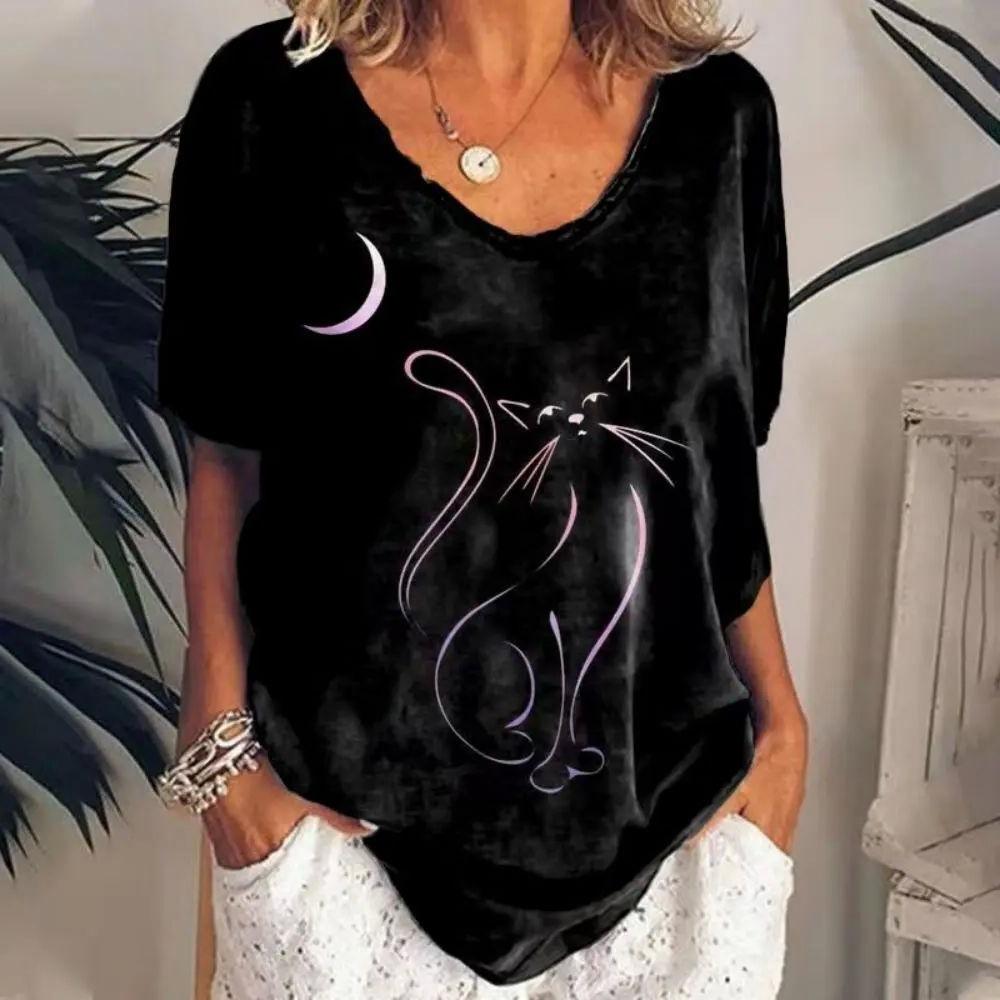 Summer V-neck 3D Cat Printed Top Fashionable Casual Short Sleeved Women's T-shirts