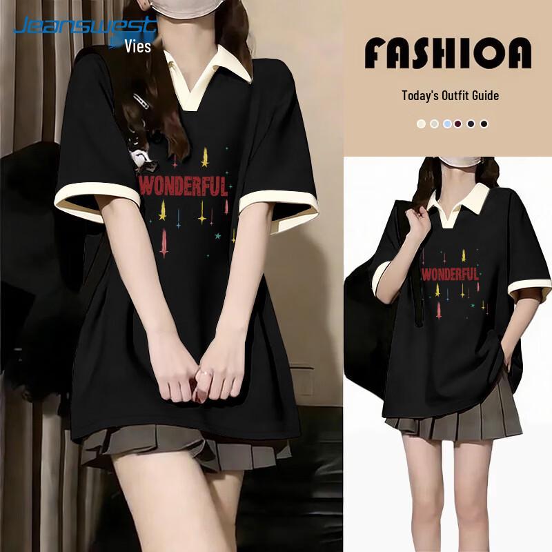 Jeanswest Women s Loose Fit Cotton Color-block Polo T-Shirt 2XL
