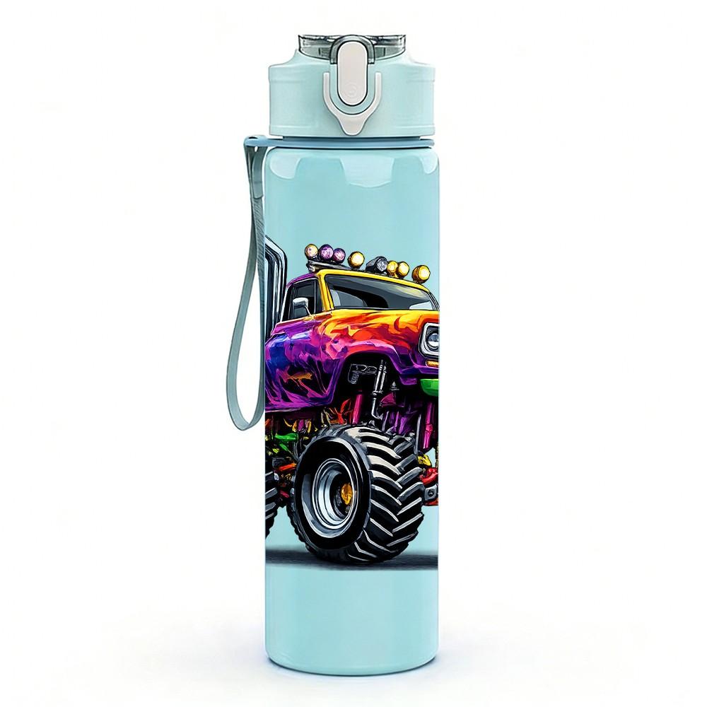 1PC Purple Fire Monster Truck Print 750ml Color Plastic Sports Water Bottle Leakproof Flip Straw Lid Suitable for Sports Office Home Use