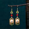 1 Pair Vintage Tribal Style 24K Golden Plated Copper Enamel Floral Dangle Earrings with Red Rose & Cherry Blossom Design, Glass Mosaic, 925 Sterling S
