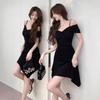 Irregular suspender A-word skirt year summer women's clothing black sexy V-neck off-the-shoulder waist and thin dress