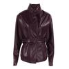Women's Vintage Burgundy PU Leather Jacket Stand Collar Long Sleeve Belt Waist Slim Fit Faux Leather Coat Autumn Winter Outerwear