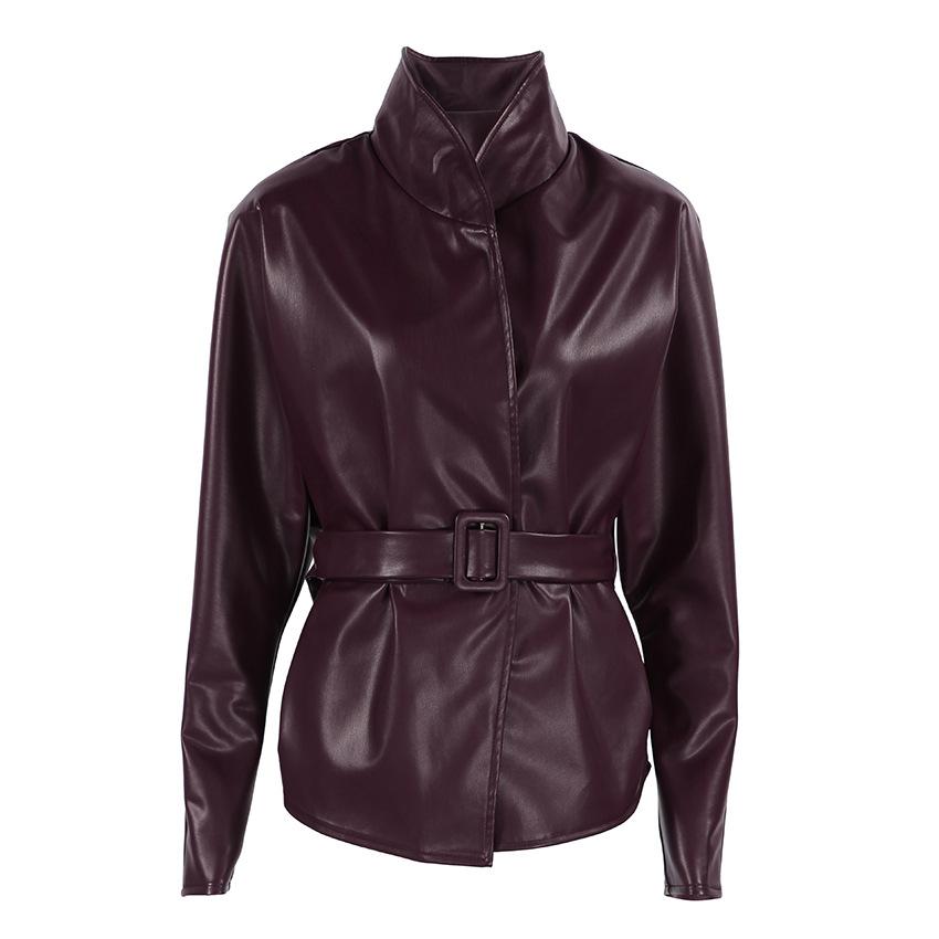 Women's Vintage Burgundy PU Leather Jacket Stand Collar Long Sleeve Belt Waist Slim Fit Faux Leather Coat Autumn Winter Outerwear