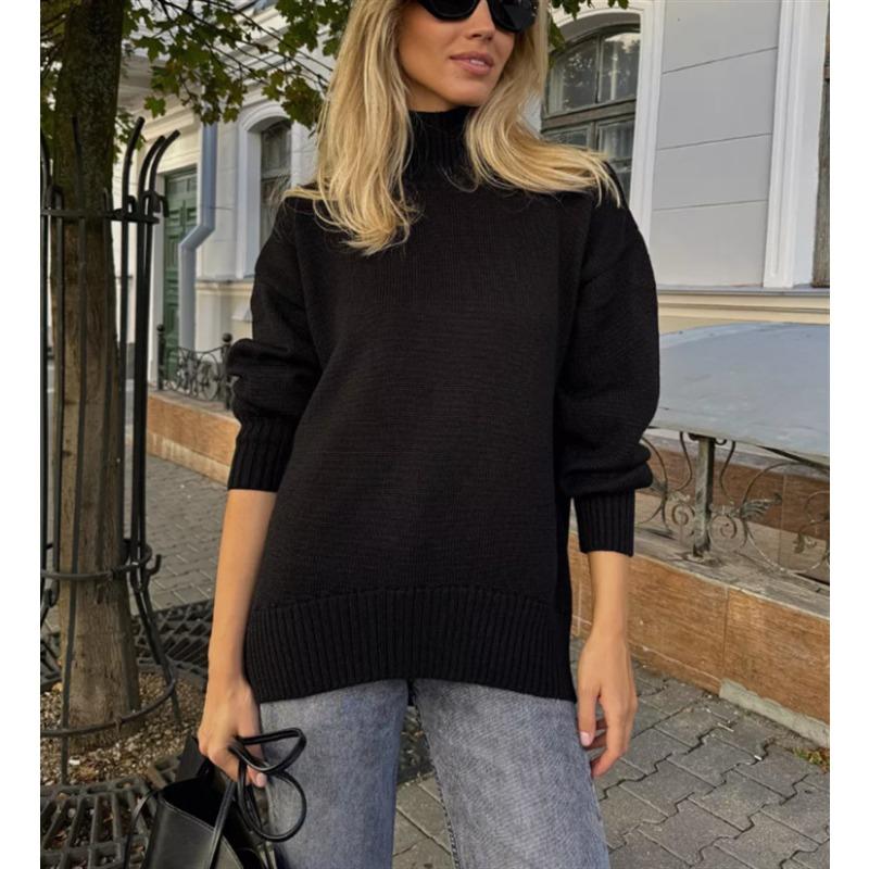 

Осень и зима свободный полувысокий воротник простой повседневный однотонный пуловер вязаный свитер универсальный свитер S чёрный