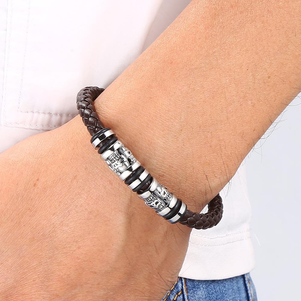 Cross-Border Stainless Steel Skull Leather Bracelet with Magnetic Buckle - Punk Hip Hop Style