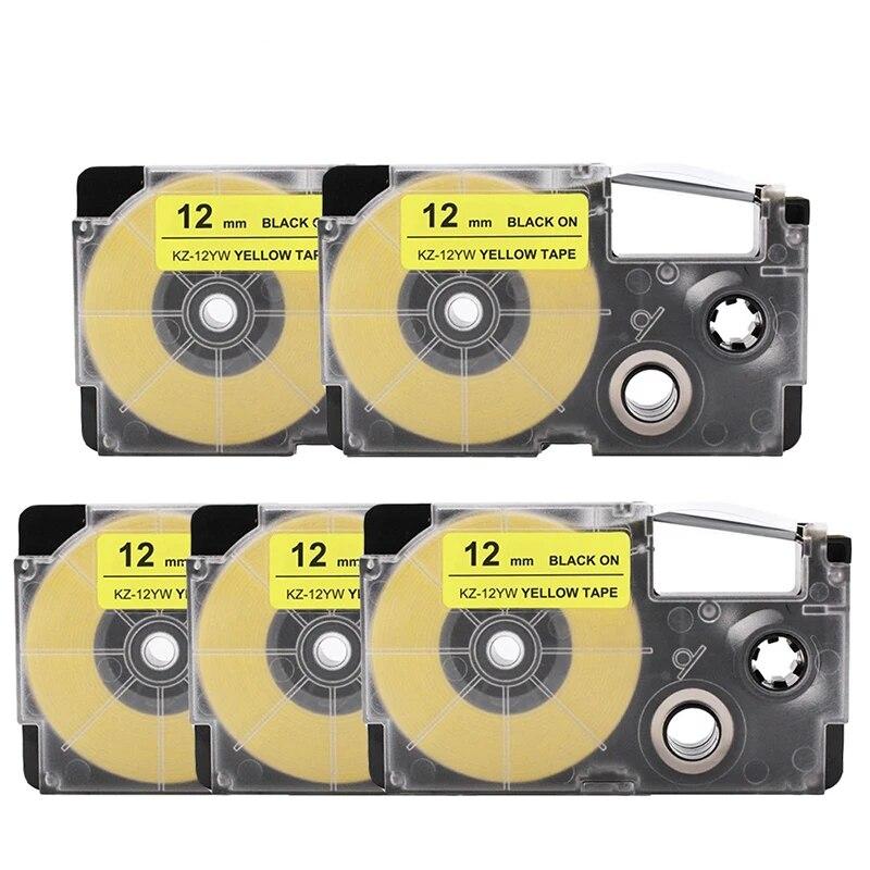 5 Packungen 12mm Etiketten XR12WE XR-12GN XR-12X XR-12YW Kompatibel für Casio EZ Etikettendrucker KL-100 KL-60SR KL120 EZ Etikettendruckerband