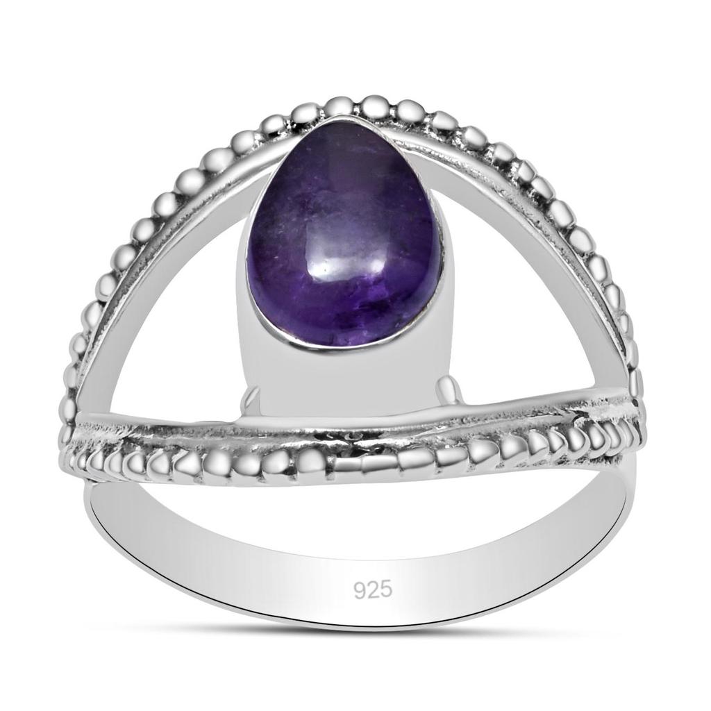 Natural Amethyst Teardrop Gemstone 925 Sterling Silver Eye Shape Ring For Women & Girls