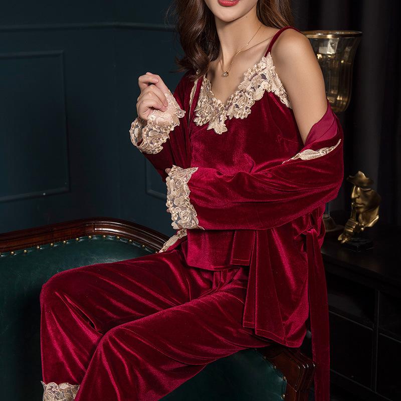 Herbst Winter Weibliche 3PCS Pyjamas Set Samt Nachtwäsche Sexy Spitze Trim Nachtwäsche Pijamas Anzug Lose Beiläufige Velours Hause Tragen
