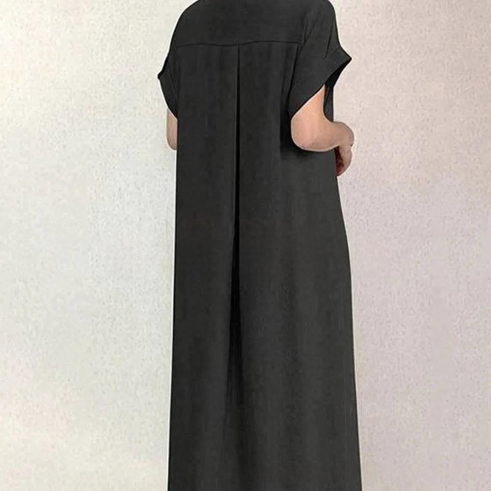 [YUANYUAN] Women's Shirt Dress, Summer Dress, Short Sleeve, Long Length, Single Front Button, Stand Collar, Plain, Casual, Relaxed Fit, Figure-Flatter