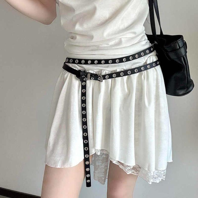 Punk Style Full Hole Jeans Belt for Women No Punching Required Ins Style Student Simple and Versatile Thin Belt