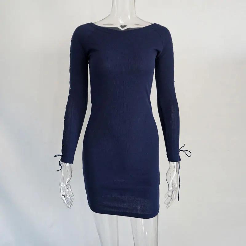

Bella Philosophy Женское Осенне-Зимнее Платье С Длинным Рукавом Боковая Шнуровка Бандажное Трикотажное Платье Vestidos Эластичное Сексуальное Тонкое Платье XL темно-синий