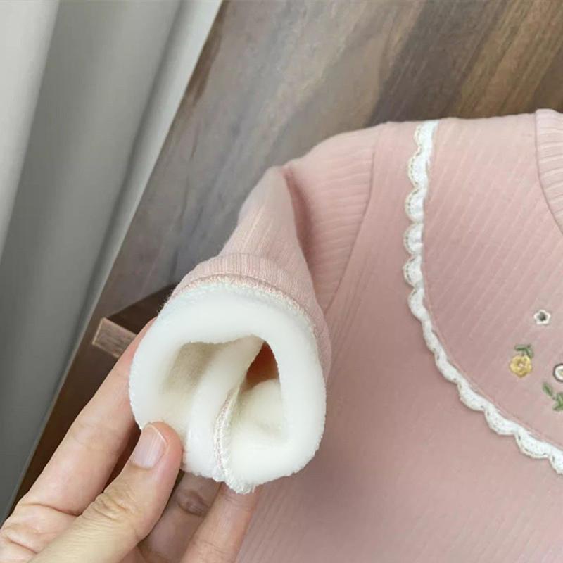 Winter Girls Warm Pullover 2-8 Years Old Children Plush Half High Collar Top Girl Embroidered Knitted T-shirt