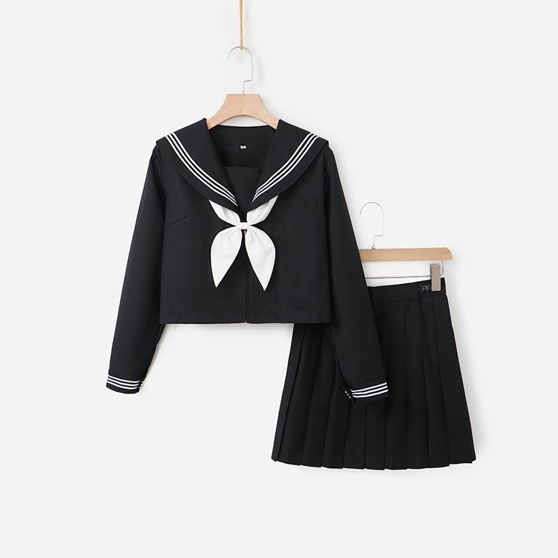 Uniforme JK Trois-Pièces Noir: Costume d'écolière orthodoxe japonais avec jupe courte douce