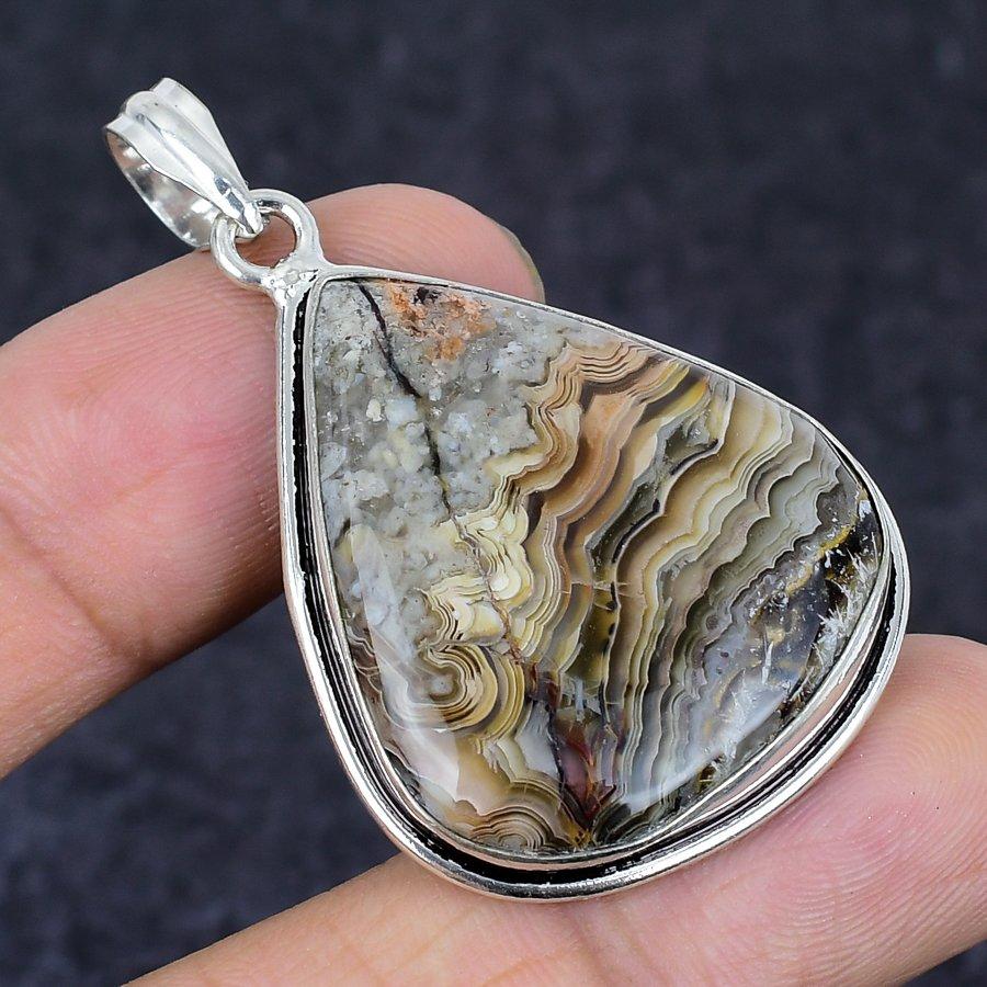 Laguna Lace Agate Gemstone Handmade 925 Sterling Silver Pendant 2.01" r6f21