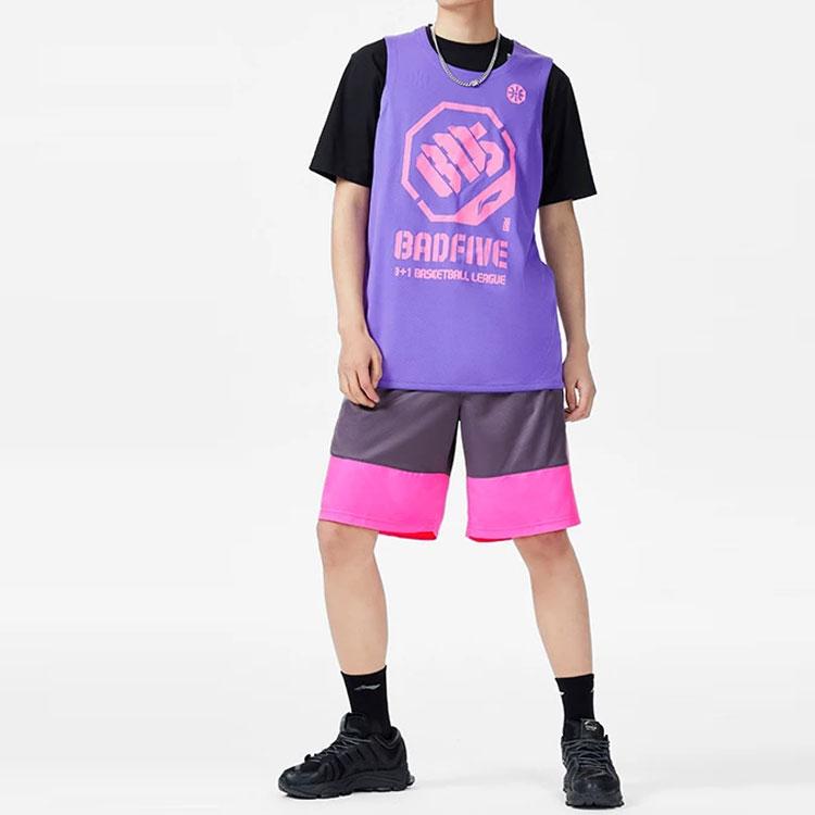 Li Ning Badfive Logo Print Spliced Loose Competition Casual Shorts Men shorts Purple Fluorescent-Pink AAPR371-4