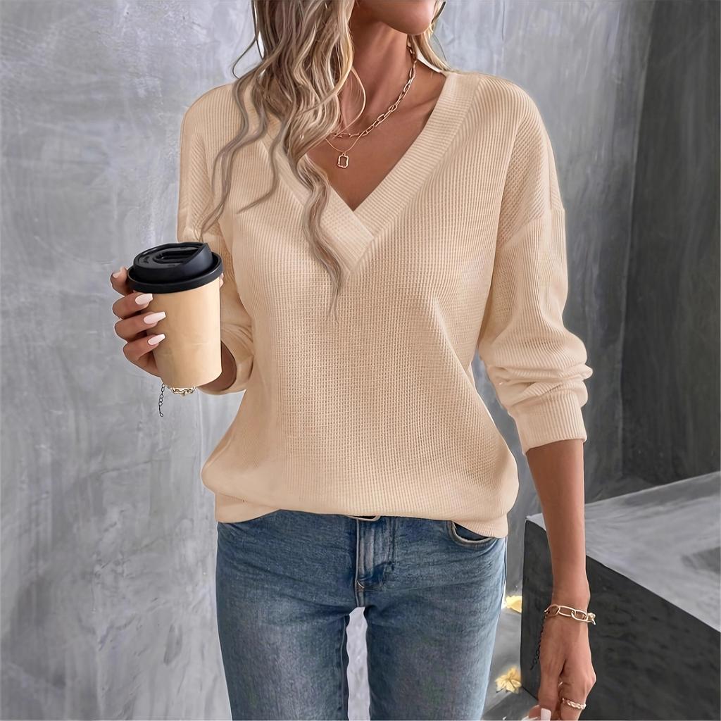 Nové podzimní dámské oblečení Jednobarevné módní tričko s dlouhým rukávem a výstřihem do V