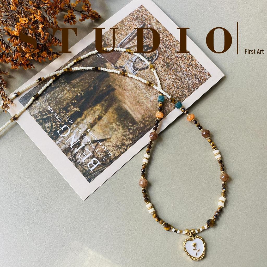 Garden Autumn/Winter Maillard Tiger Eye Beaded Necklace Women's Light Luxury Natural Stone Sweater Chain