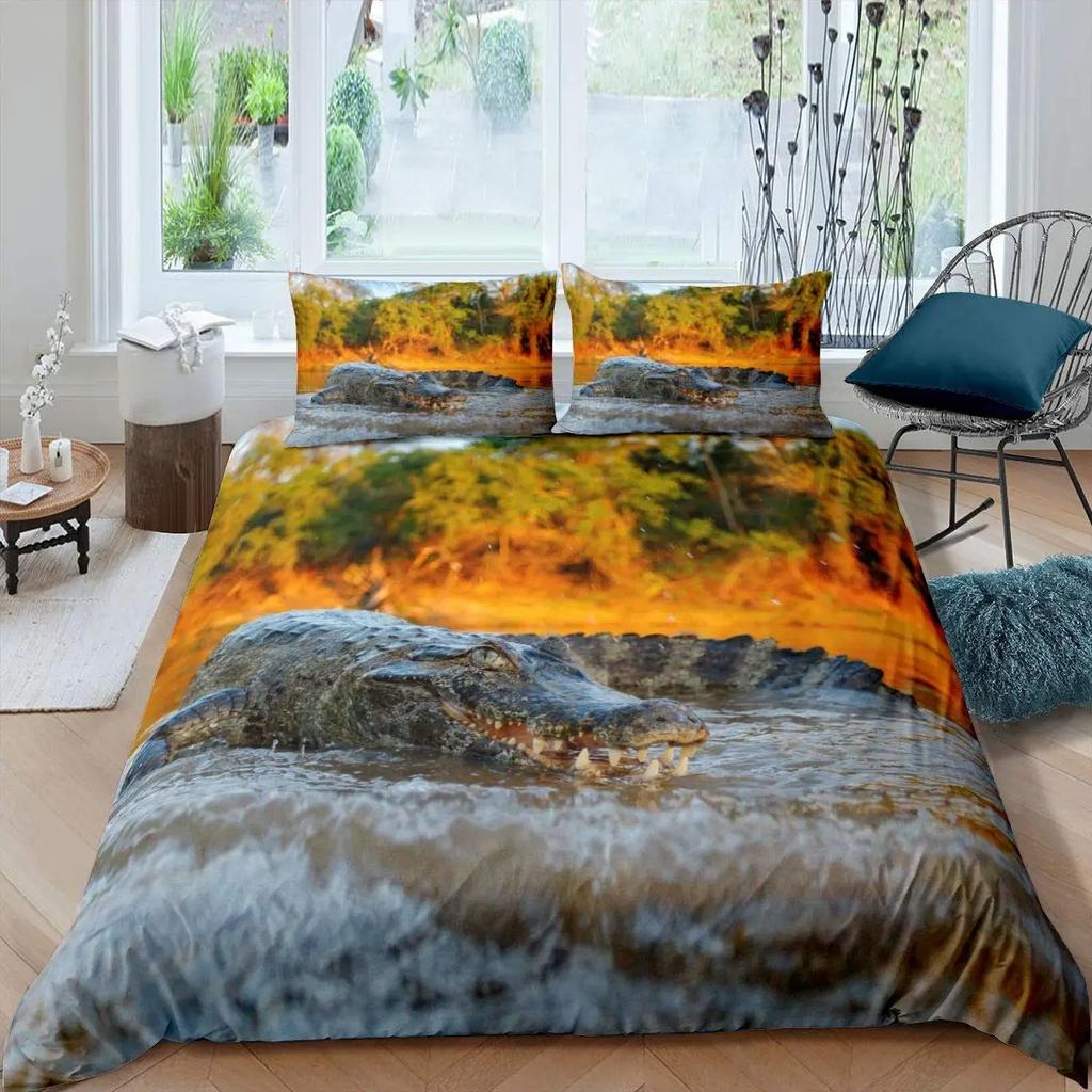Crocodile Duvet Cover Set Wild Alligator Pattern Bedding Set Wildlife Style Comforter Cover Horror Animal Theme Twin Quilt Cover