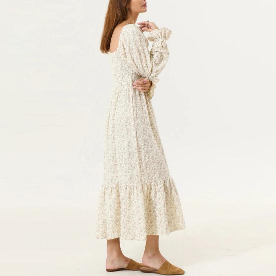 Women's Off Shoulder Maxi Dress Long Puff Sleeve Square Neck Boho Flowy Dress Floral Print Smocked Waist Long Dress