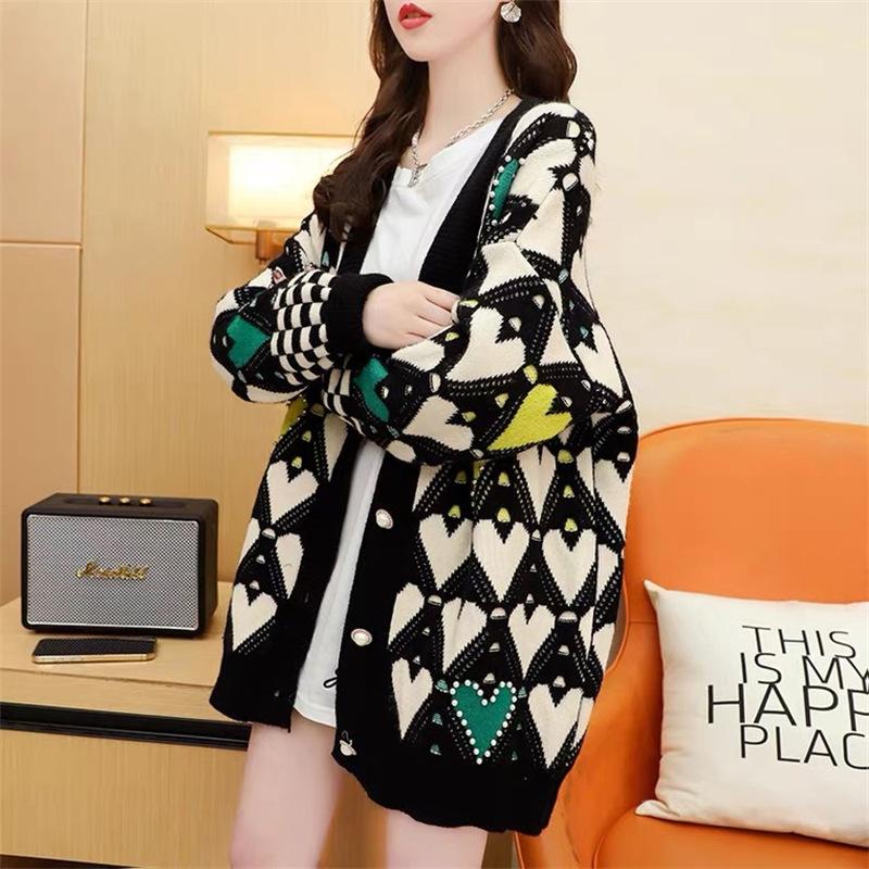 New Spring Autumn Sweet Sweater Cardigans Women V Neck Heart Printing Knitwear Single Breasted Casual Knit Cardigan