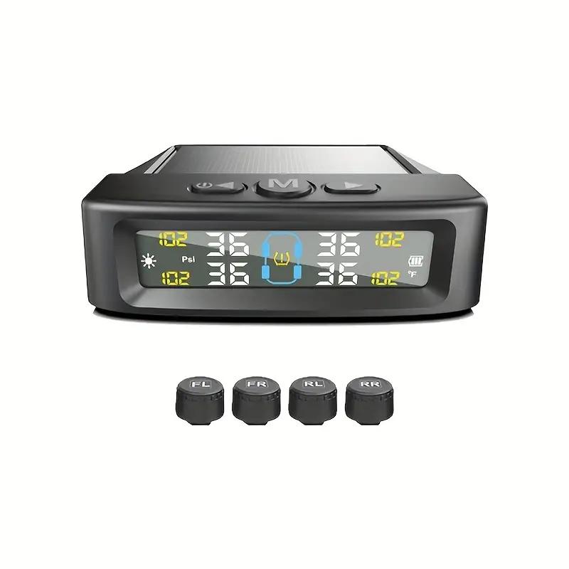 Dispositivo de alarma de presión de neumáticos para automóvil con sistema TPMS solar, pantalla digital colorida y 4 sensores externos, advertencia de temperatura y presión de neumáticos
