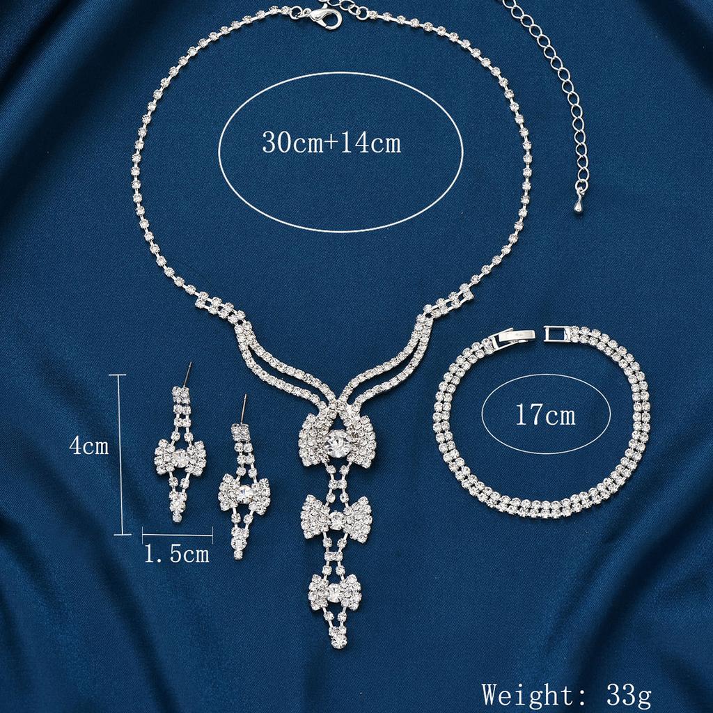 4PC Women's Fashionable Rhinestone Bow Design Necklace Earrings Bracelet Zircon Set Suitable for Weddings, Parties, Festivals,