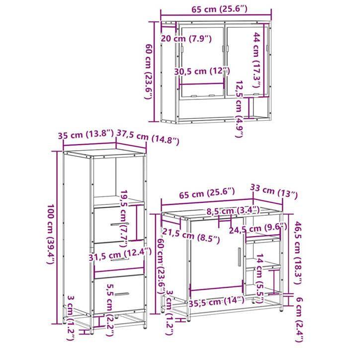VidaXL Bathroom Furniture Set 3 Pcs Smoked Oak, Bathroom Cabinet, Toilet Storage Cabinet, 3301057