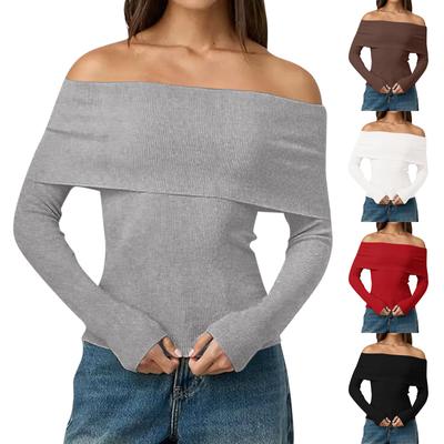 סוודרים לנשים עם כתפיים חשופות שרוולים ארוכים סרוגים רפויים