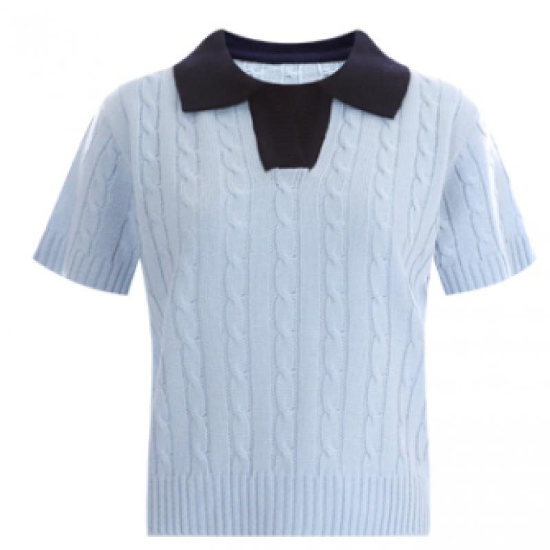 Shop   Women Color Neck Cable Short Sleeve Knit Tee Bom Wkn 11885 Navy