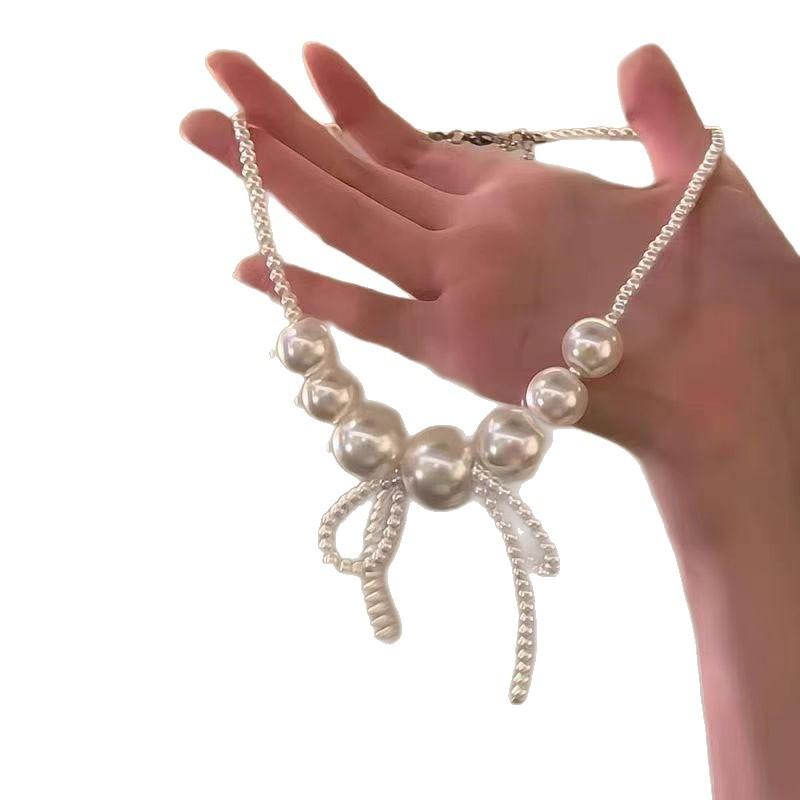 "Xibo Moonflow" French Pearl Beaded Bow Necklace Women's Light Luxury Temperament Superior Sense Sweet Clavicle Chain