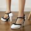 Spring and Autumn Simple and Versatile Women's Sandals One-word Buckle T-shaped Shoes Round Head High Heel Thick Heel Color Matching Women's Single