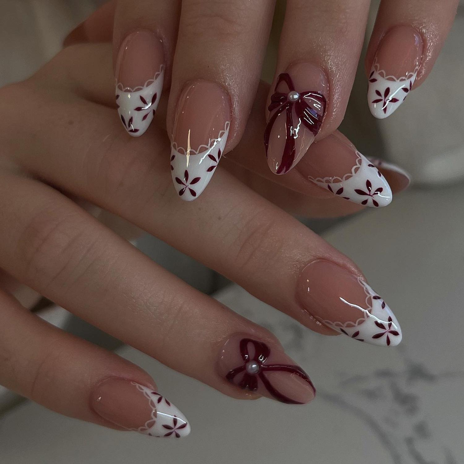 Wine Red Lace Bow Nails with 3D Pearl Accents - Nude Transparent French Style Nail Tips