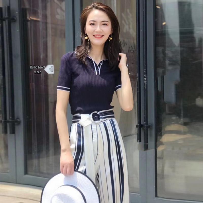 Gejia 2024 Spring/Summer Women's Polo Collar Color Block Short Sleeve Ice Silk Slim Fit T-Shirt