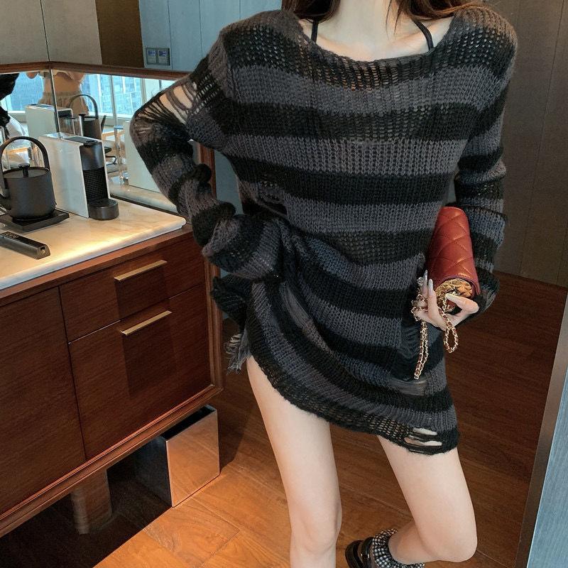 Punk Gothic Dlouhý Unisex svetr Dámské Pruhované Cool Hollow Out Hole Rozbitý svetřík Volný Rock Tenký Tmavý Streetwear Top