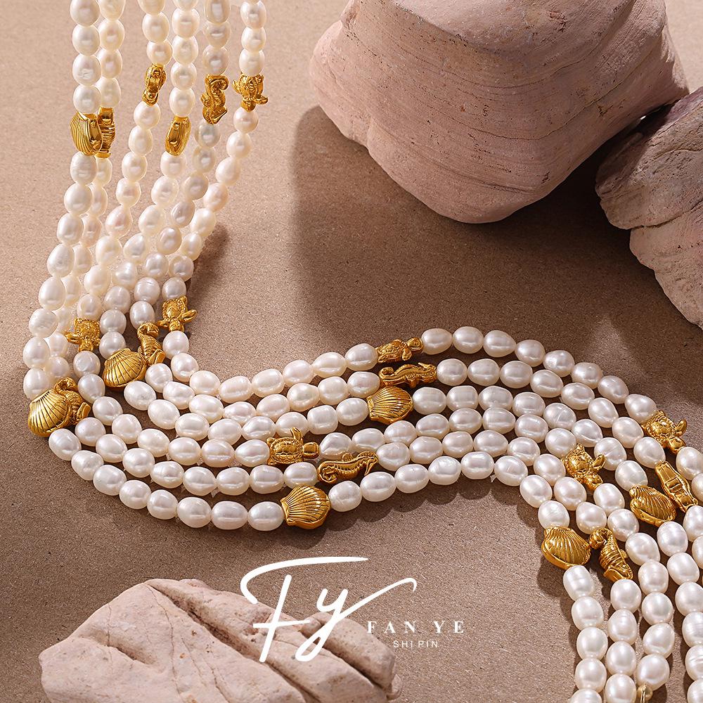 High-End Freshwater Pearl Necklace with Ocean-Inspired Seahorse and Turtle Design In Women's Titanium Steel