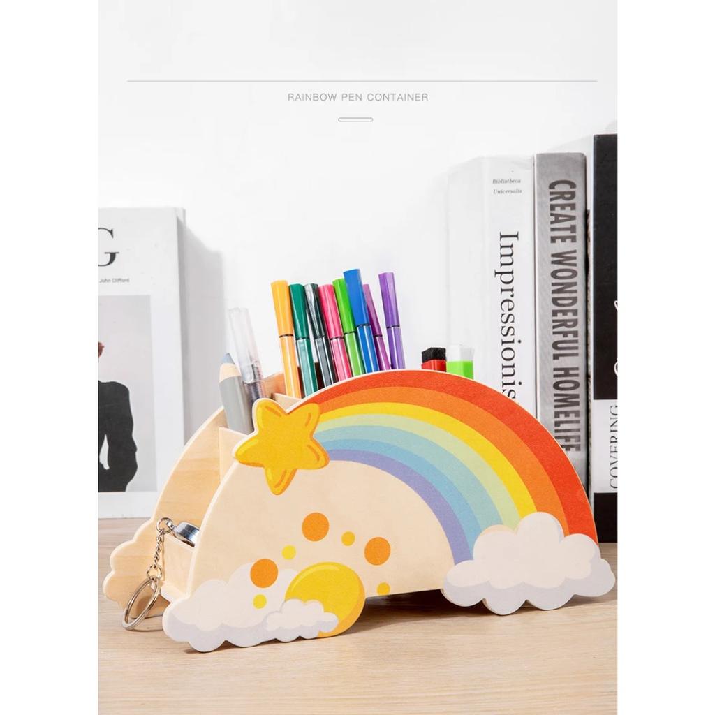 Lovely Wooden Rainbow Pen Container Multi-Compartment Pencil Case Desktop Stationery Organizer for School Office Gifts for Kids