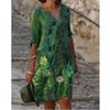Women's V-Neck Printed Midi Dress Loose 3/4 Sleeve Casual Summer Dress