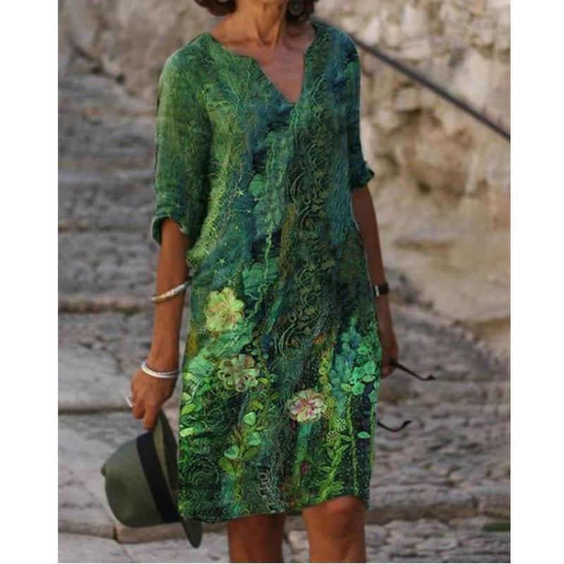 Women's V-Neck Printed Midi Dress Loose 3/4 Sleeve Casual Summer Dress