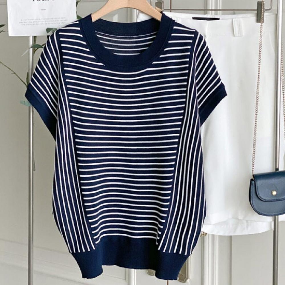 Shop Women Round Neck STriped Loose FiT ShorT Sleeve KniT T shirT Dgb Wkn 4555