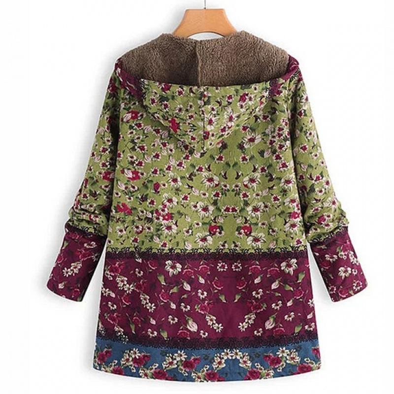 Jacket series casual printing cotton and linen printing plush inner hooded zipper women's clothing new