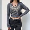 Y2k Fairy Grunge Diamonds Graphic Print Crop Top Autumn Long Sleeve Slim Fit Pullovers Tees Women Vintage White Crop Top Clothes