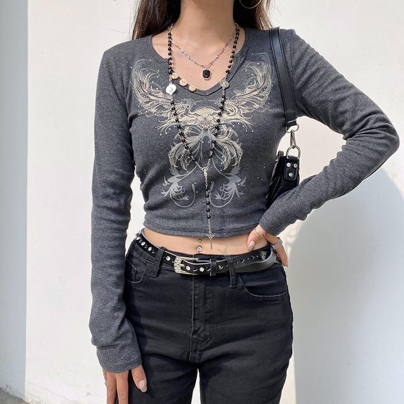 Y2k Fairy Grunge Diamonds Graphic Print Crop Top Autumn Long Sleeve Slim Fit Pullovers Tees Women Vintage White Crop Top Clothes