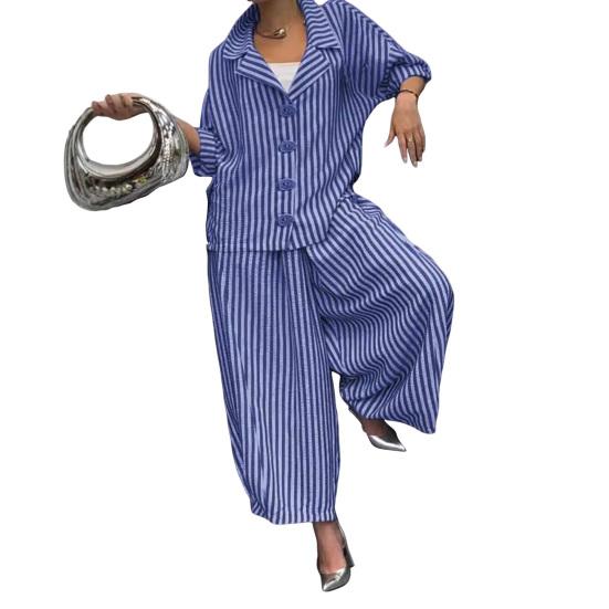 Completo casual da donna, camicia a maniche lunghe, pantaloni harem a gamba larga, set da 2 pezzi, pantaloni a nove punte a righe con risvolto autunnale, completo da donna